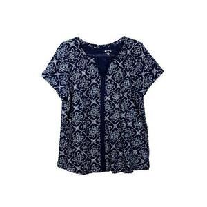 Wonderly Womens Size 1X Navy Blue Flower Print V-Neck Short Sleeve Cotton Top